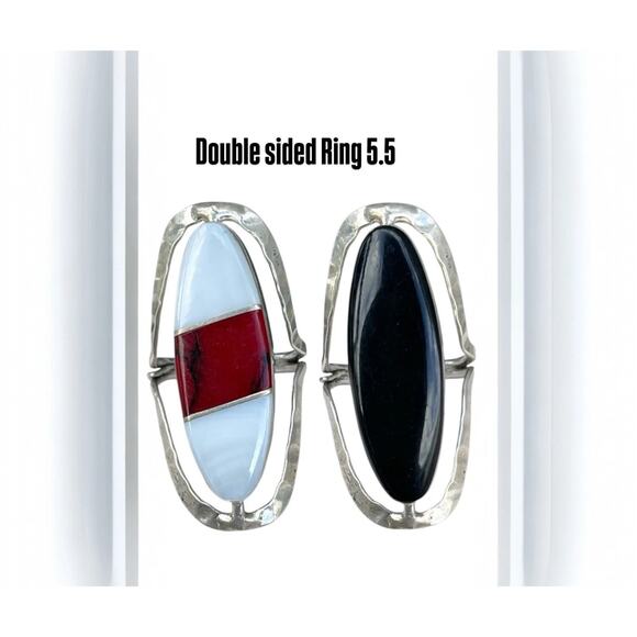 Vintage TAXCO Mexico 925 Sterling Silver FLIP Ring MOP Jasper Black Onyx sz 5.5 - Picture 1 of 9